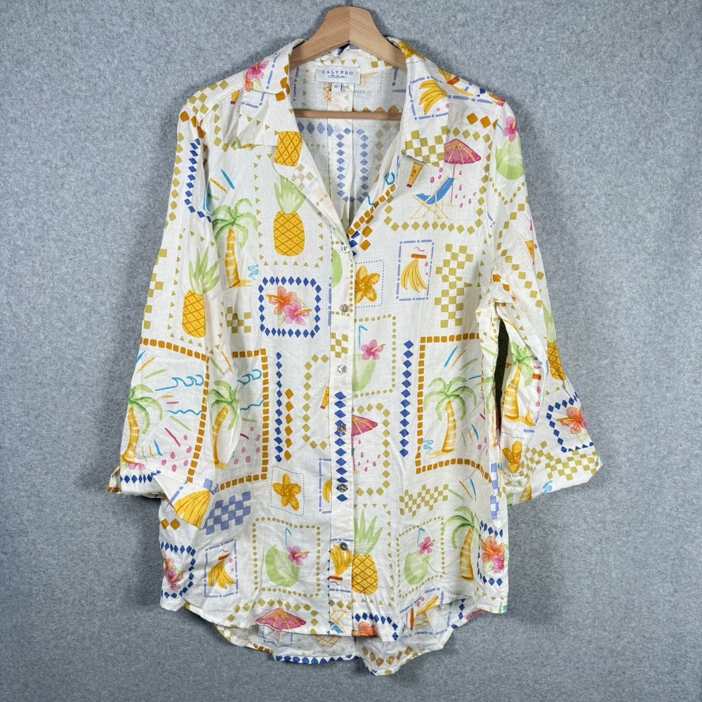 CALYPSO ST BARTH Linen Tropical Fruit Print Tunic Top Women's XL Vacation Resort
